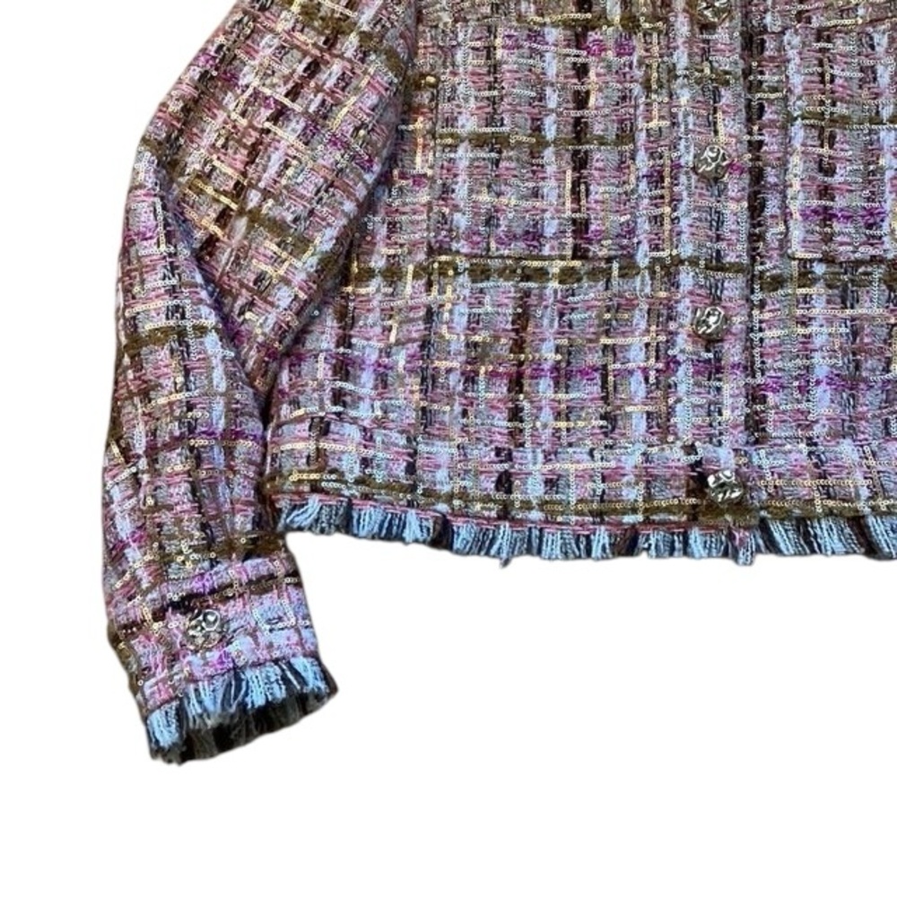 Adrienne Landau ONYX Crystal Tweed Jacket Blazer Pink Gold Sequin Fringe Medium - Picture 6 of 16